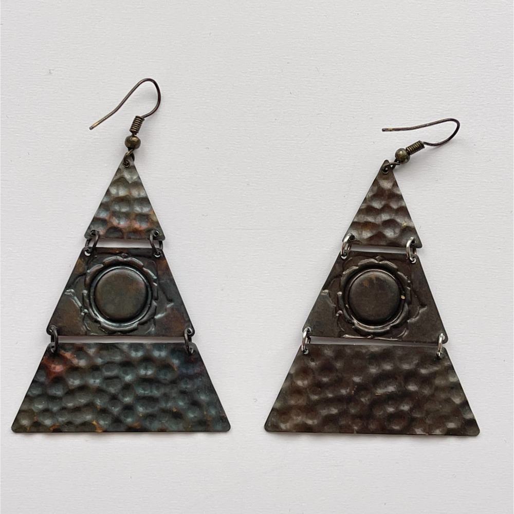 Triangular Metal Geometric Textured Circle Earrings Hinged Copper - Picture 3 of 4
